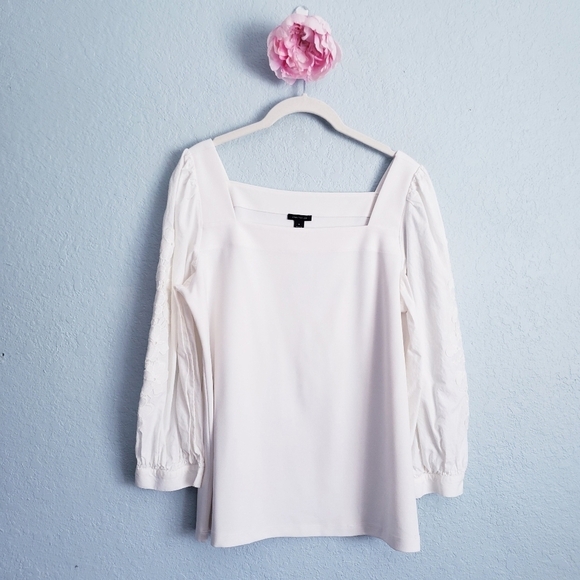 Ann Taylor White Square Neck Floral Eyelet Long Sleeve Blouse - Picture 2 of 9